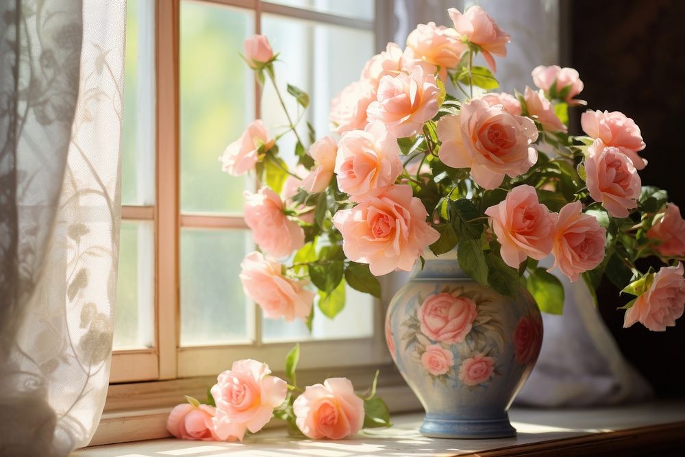 Blooming roses window windowsill blossom. AI generated Image by rawpixel.