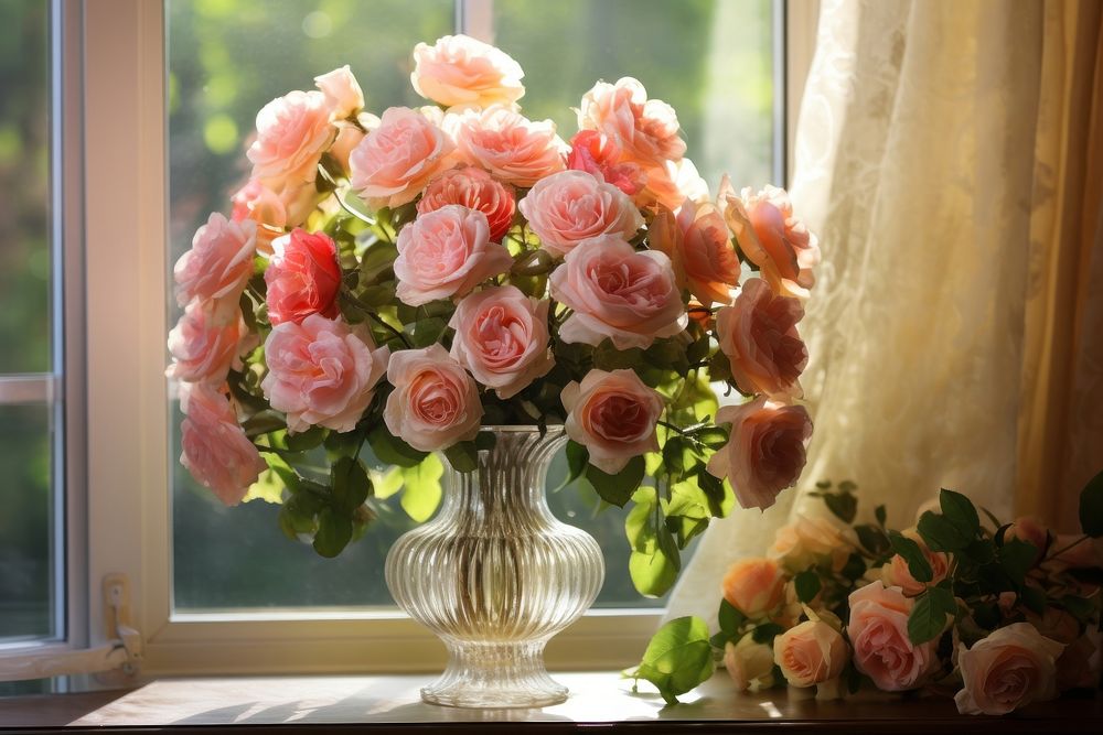 Blooming roses window windowsill flower. AI generated Image by rawpixel.