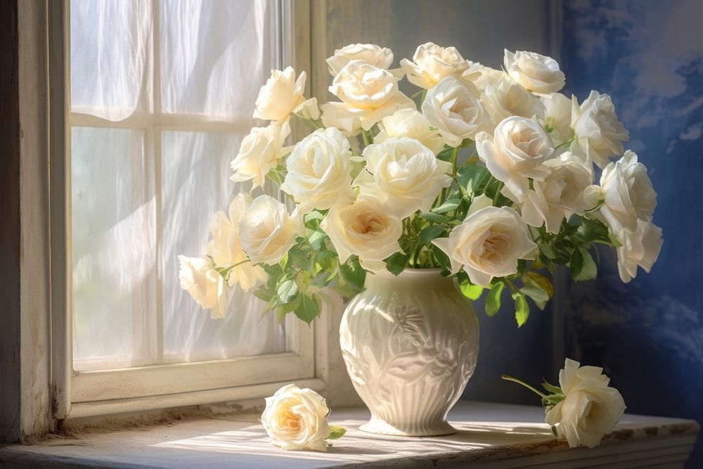 Blooming white roses window flower plant. AI generated Image by rawpixel.