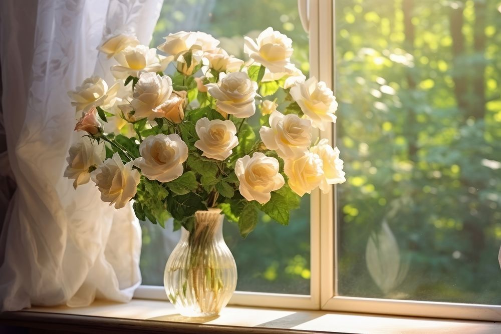 Blooming white roses window windowsill flower. AI generated Image by rawpixel.