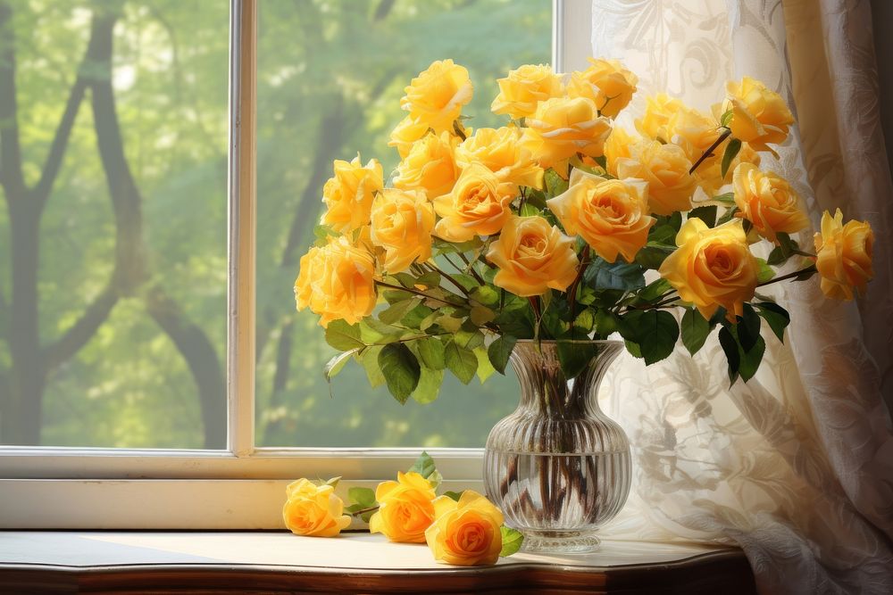 Blooming yellow roses window windowsill flower. AI generated Image by rawpixel.
