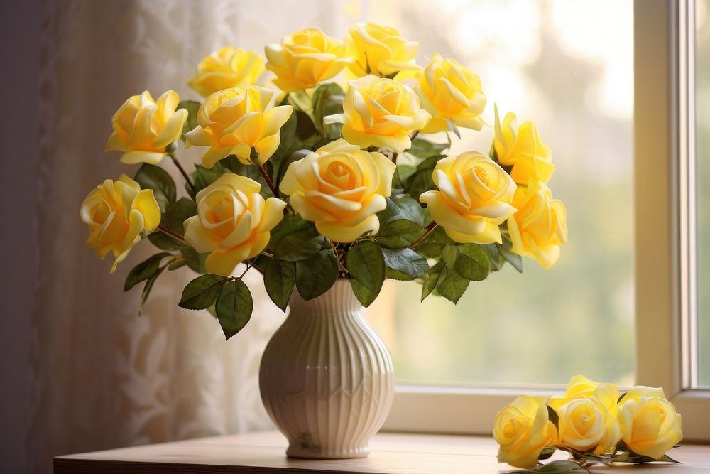 Blooming yelllow roses flower window plant. 