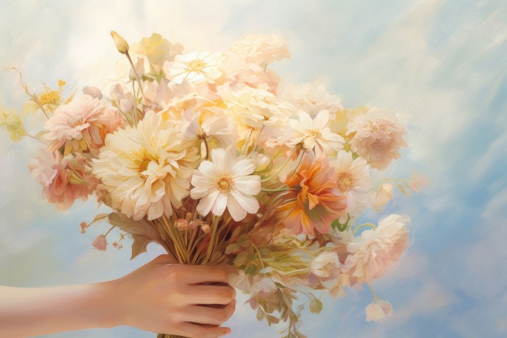 A woman hand holding flower bouquet painting petal plant. AI generated Image by rawpixel.