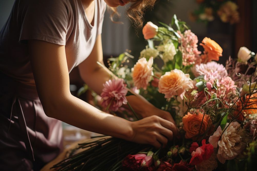 Woman preparing flower bouquet plant adult rose. AI generated Image by rawpixel.