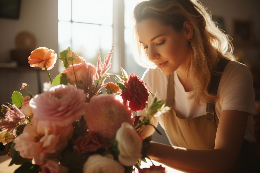 Woman preparing flower bouquet plant adult rose. AI generated Image by rawpixel.