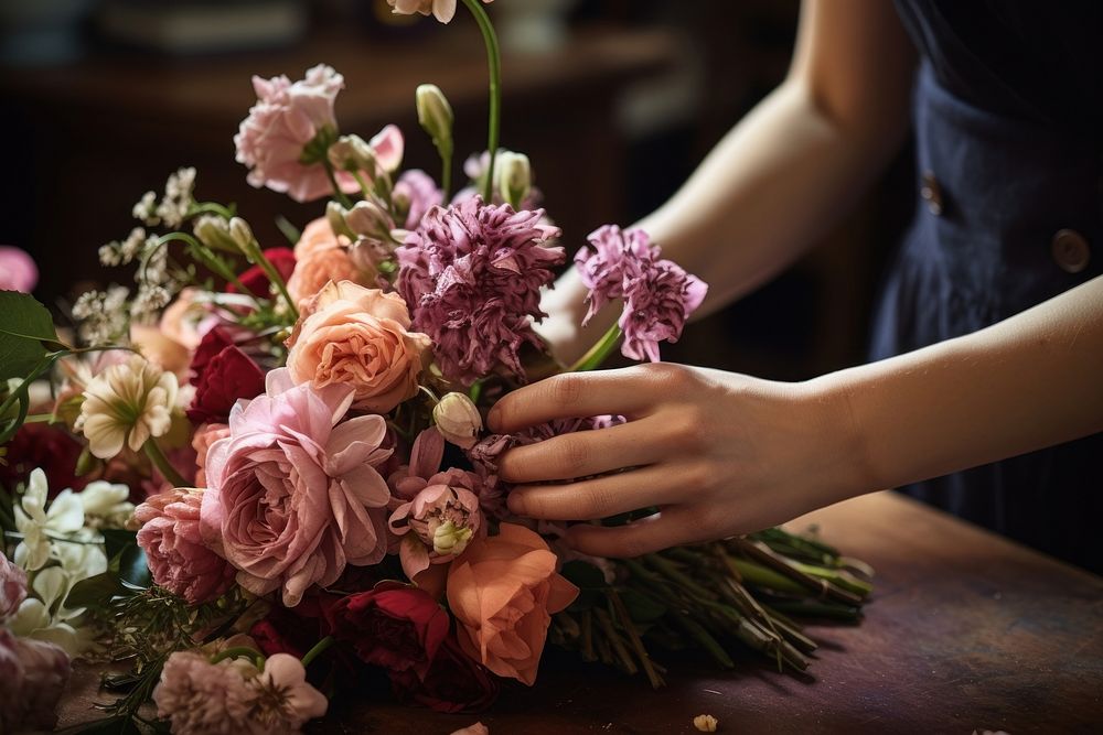 Woman preparing flower bouquet plant adult rose. 