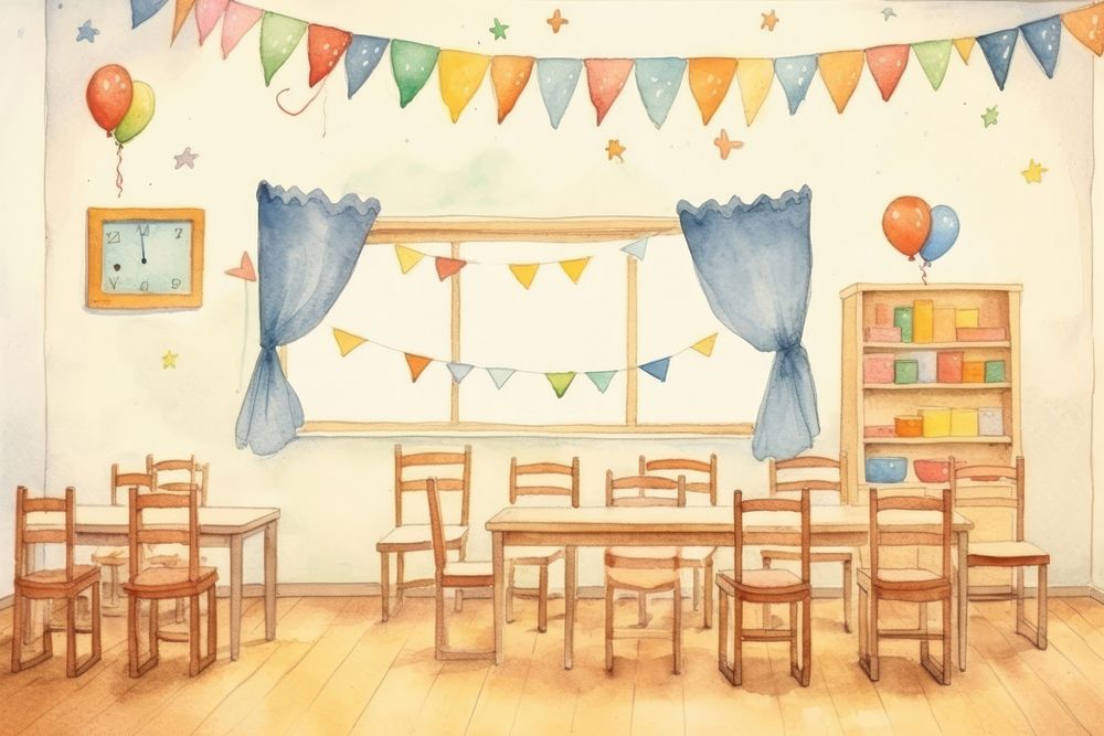 Cute party classroom architecture furniture balloon. AI generated Image by rawpixel.