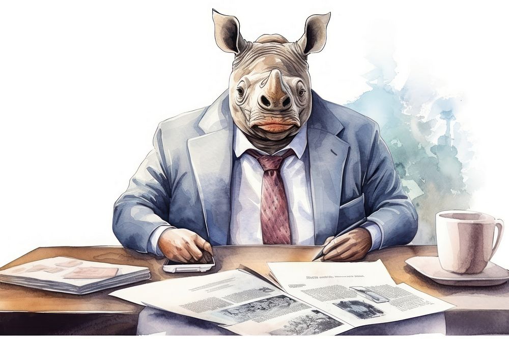 Rhino businessperson cartoon animal table. AI generated Image by rawpixel.