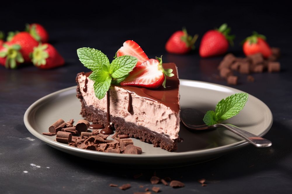 Chocolate cheesecake plate strawberry dessert. AI generated Image by rawpixel.