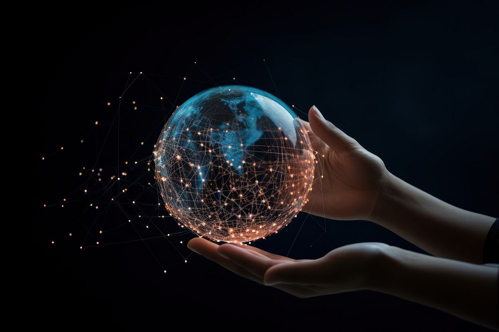 Hand holding digital global network connection sphere planet space. 