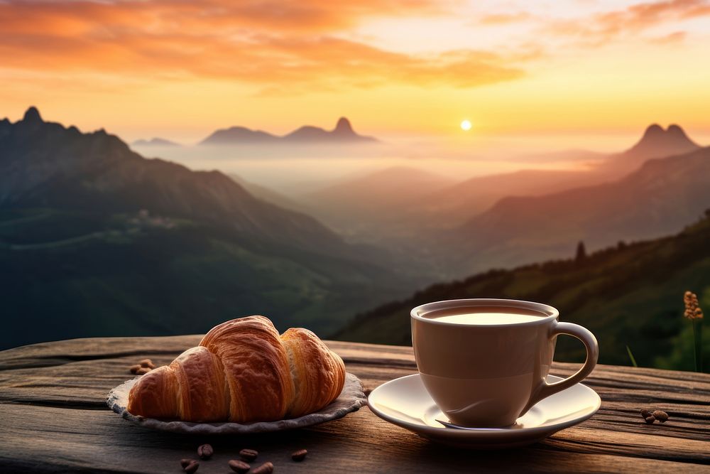 Cup croissant mountain coffee. AI generated Image by rawpixel.