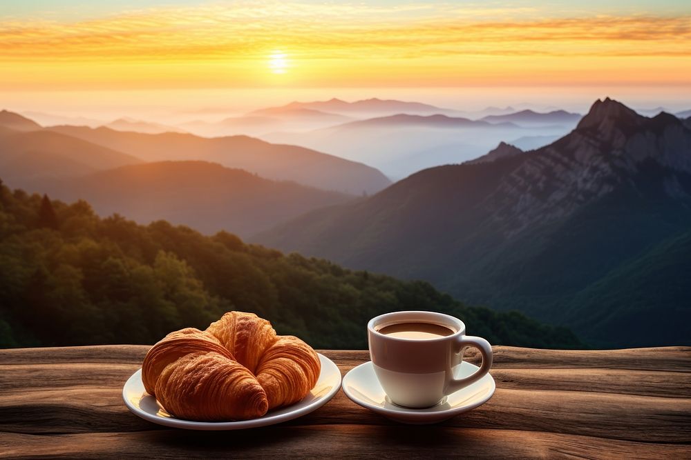 Cup croissant mountain morning. AI generated Image by rawpixel.