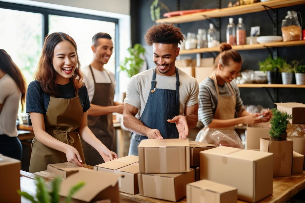 Business owners packing box cardboard adult. 