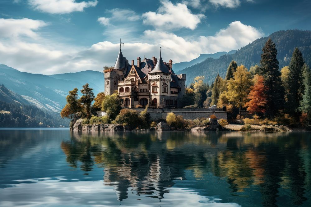 Beautiful Castle At The Lake castle architecture building. AI generated Image by rawpixel.