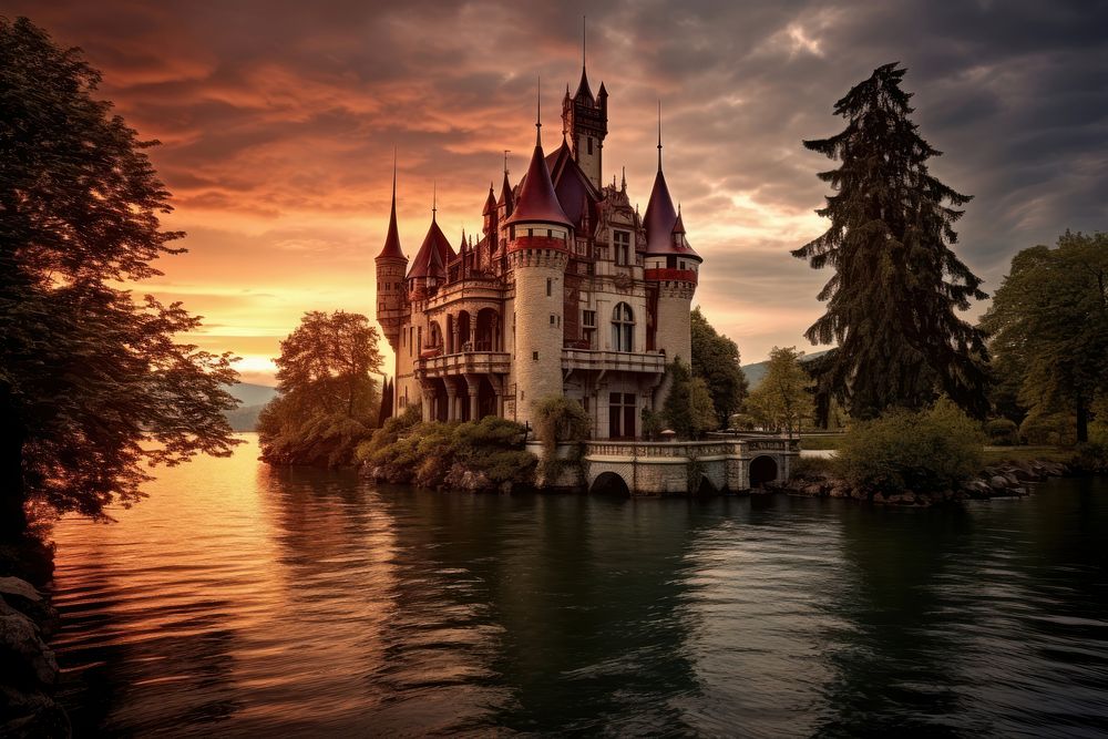 Beautiful Castle At The Lake castle lake architecture. AI generated Image by rawpixel.