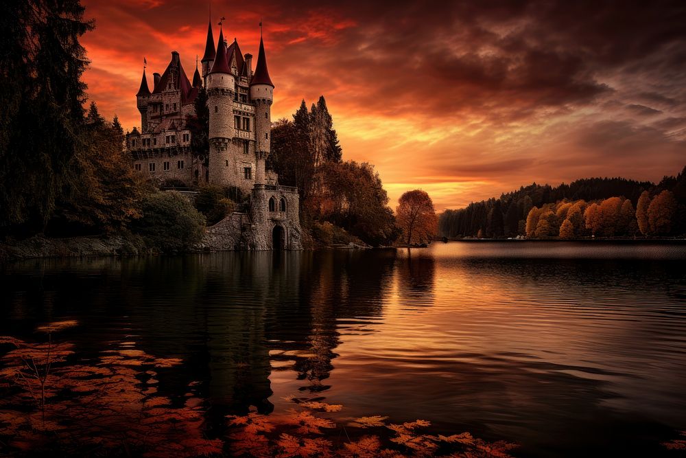 Beautiful Castle At The Lake castle architecture building. AI generated Image by rawpixel.