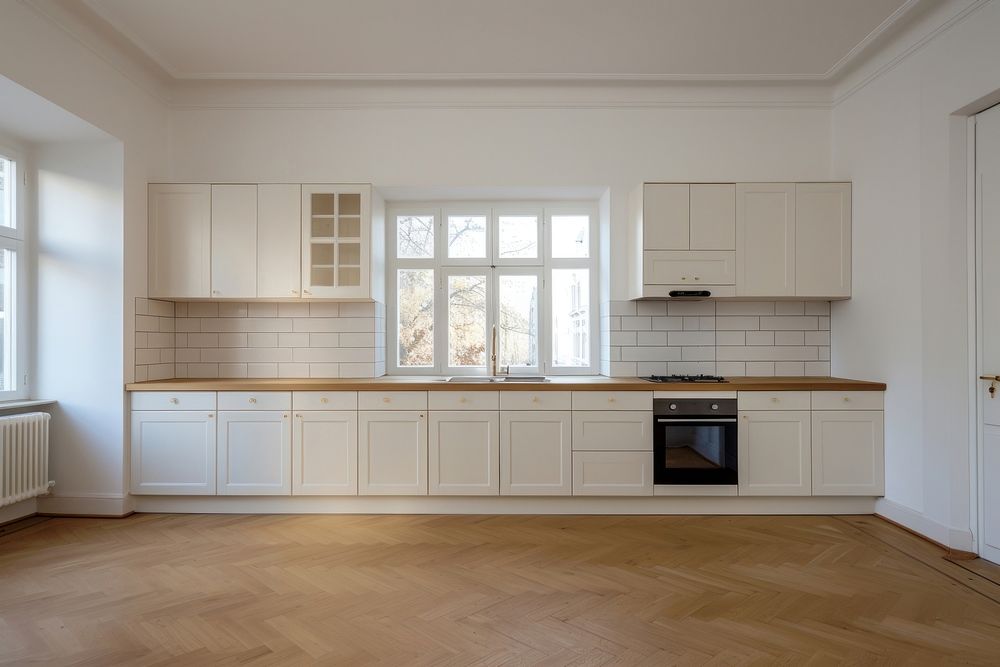 Empty kitchen room furniture flooring cabinet