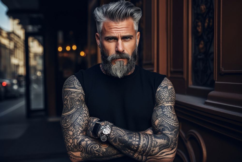 Tattoos portrait fashion beard. AI generated Image by rawpixel.