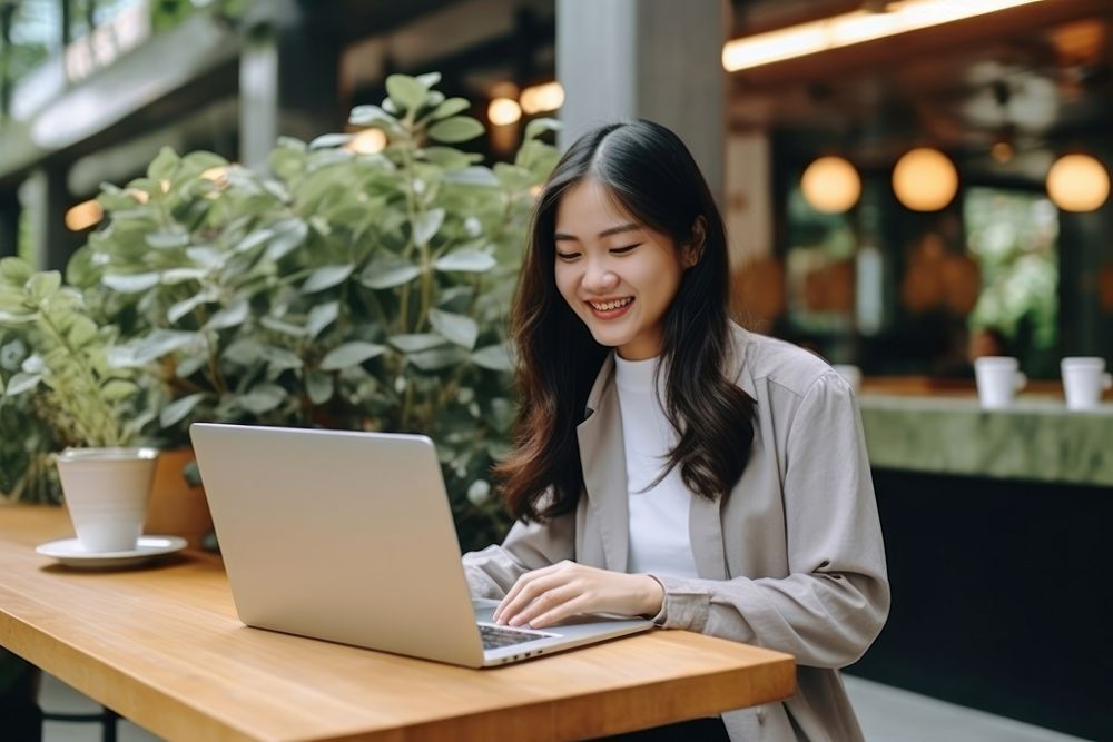 Joyful east-asian woman laptop computer typing. 