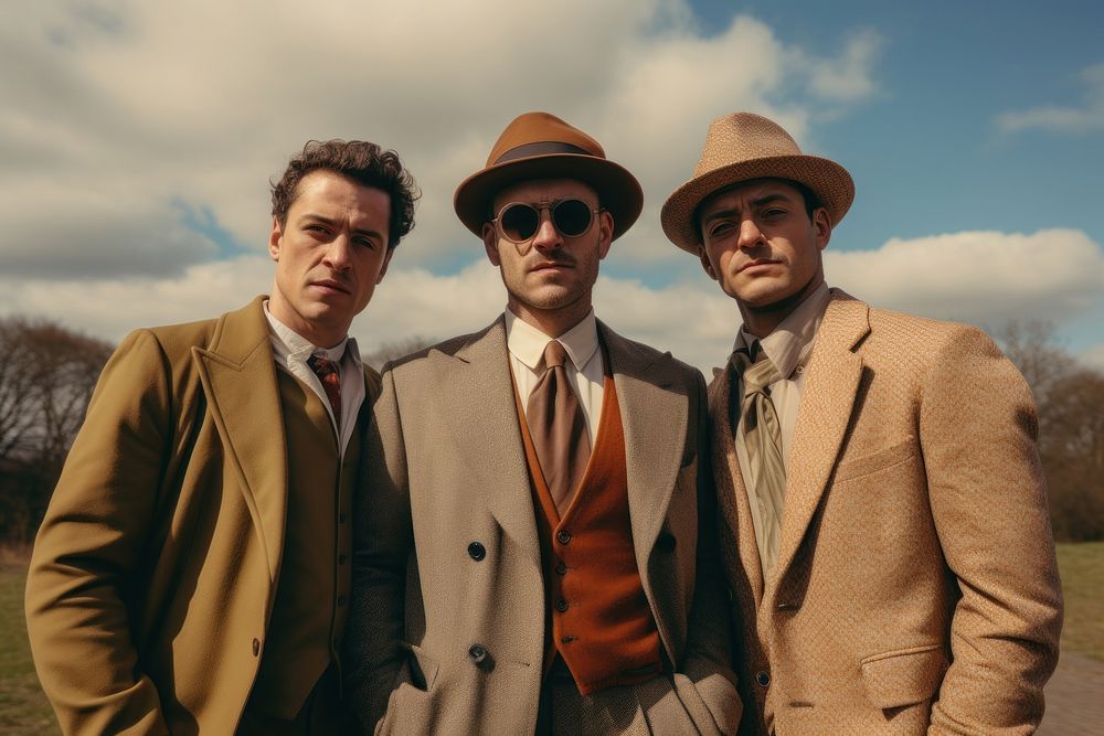 Three men wearing vintage style portrait sunglasses outdoors. 