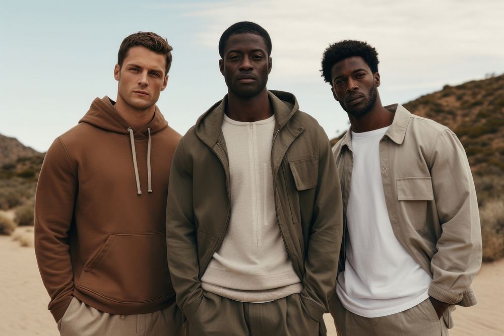 Three men wearing casual style portrait outdoors fashion. 