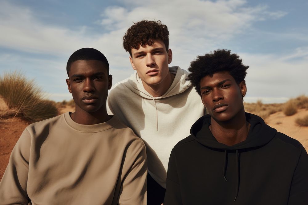 Three men wearing casual style portrait outdoors adult. 