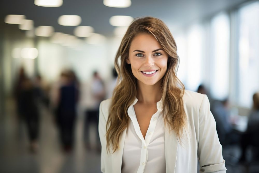 Happy woman smiling portrait standing office. AI generated Image by rawpixel.