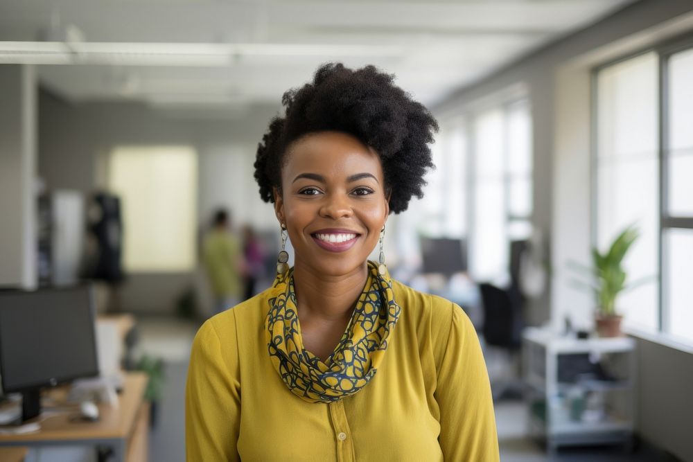 Happy african woman smiling standing portrait office. AI generated Image by rawpixel.