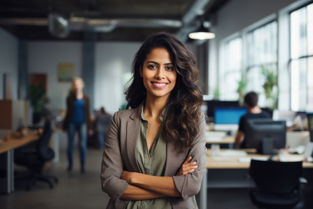 Happy indian woman smiling standing portrait office. AI generated Image by rawpixel.