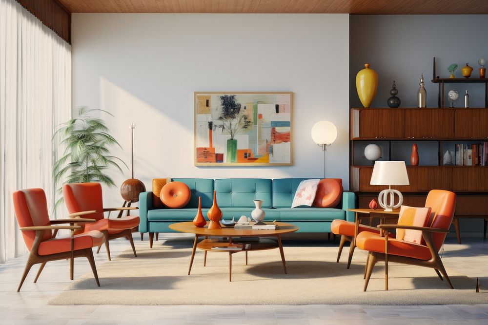Mid century modern living room architecture furniture building. AI generated Image by rawpixel.