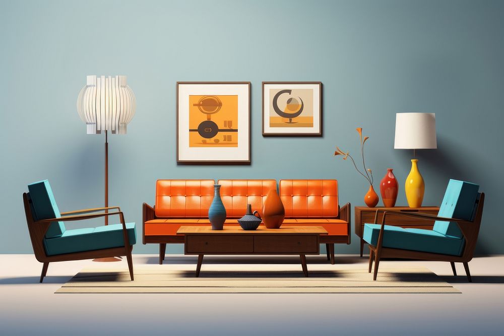 Mid century modern living room architecture furniture chair. AI generated Image by rawpixel.