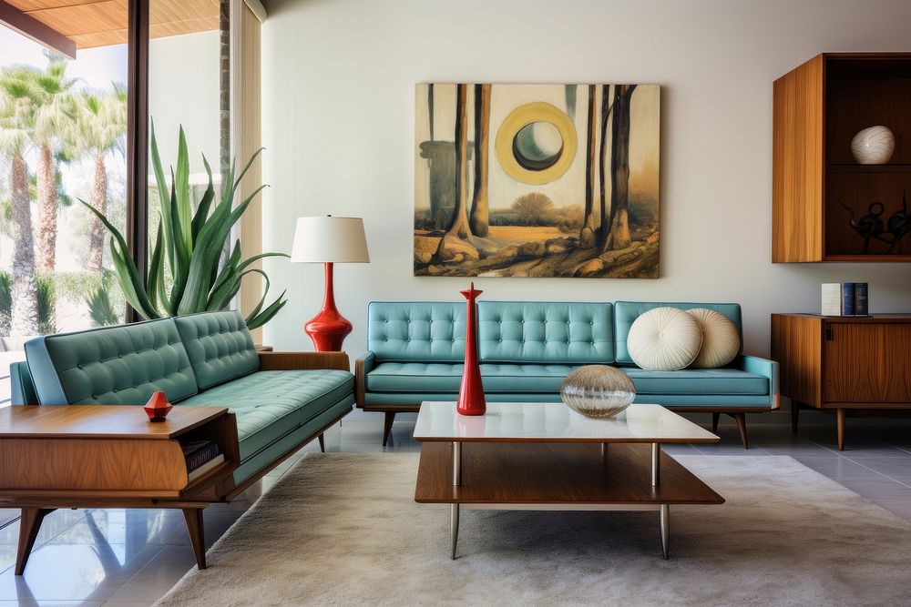 Mid century modern living room architecture furniture building. AI generated Image by rawpixel.