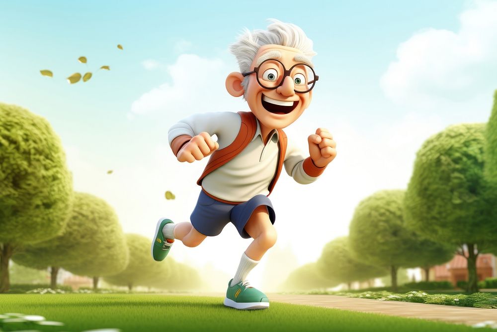 Sixty years old guy cartoon running sports. 