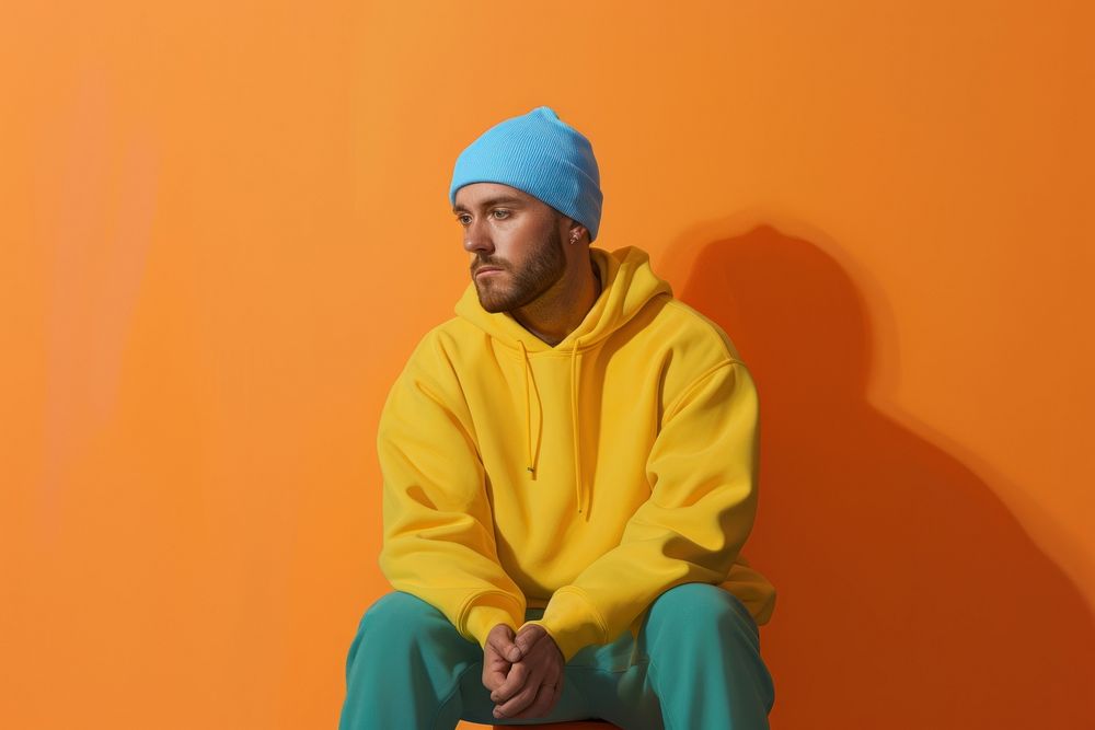 Beanie sitting sweatshirt portrait. 