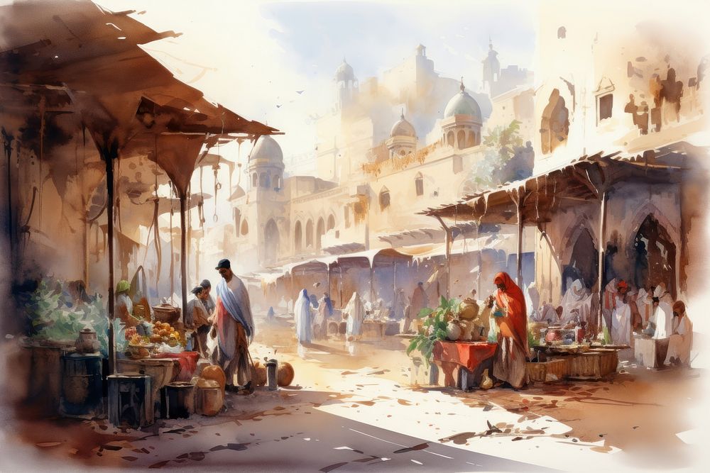 Arabian market painting city town. 