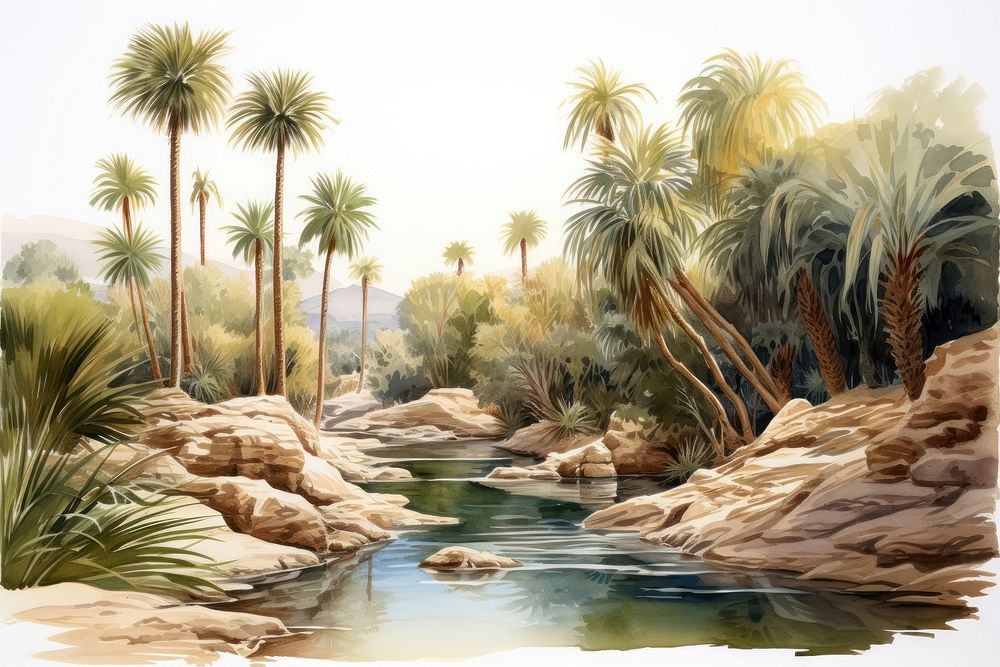 Arabian oasis outdoors painting nature. AI generated Image by rawpixel.