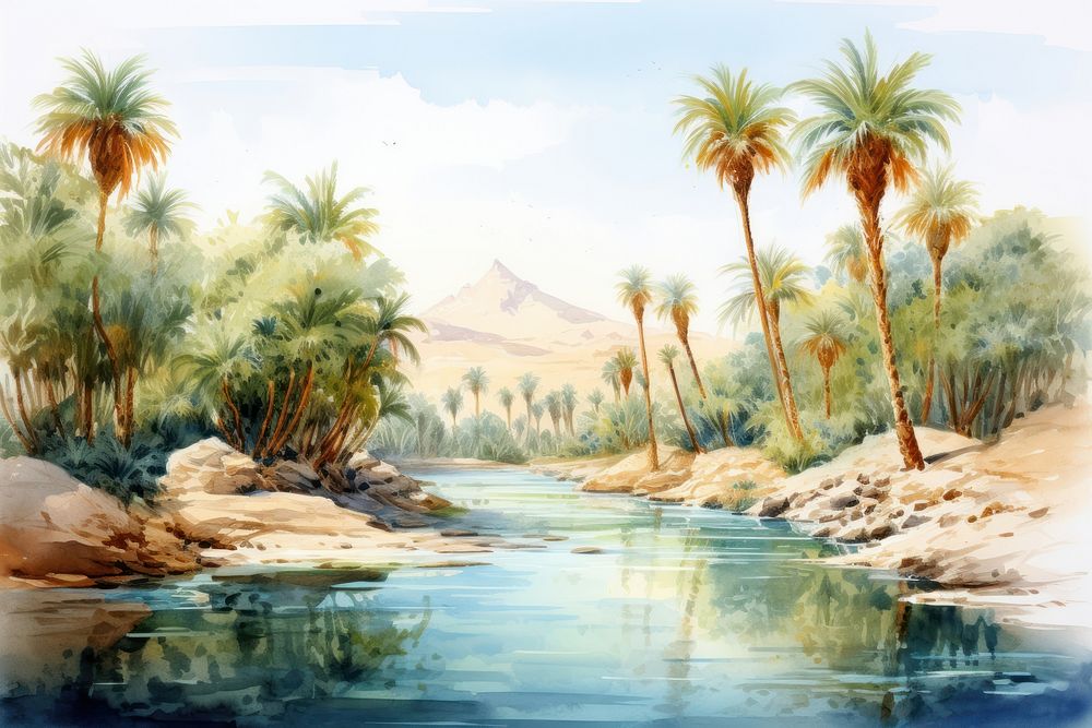 Arabian oasis landscape outdoors painting. AI generated Image by rawpixel.