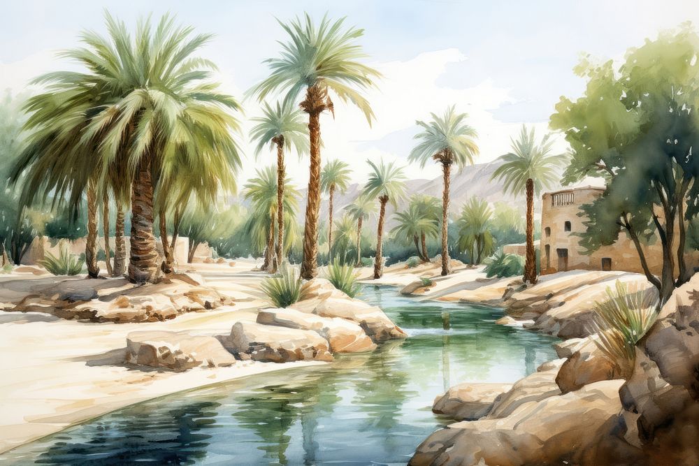 Arabian oasis architecture outdoors painting. AI generated Image by rawpixel.