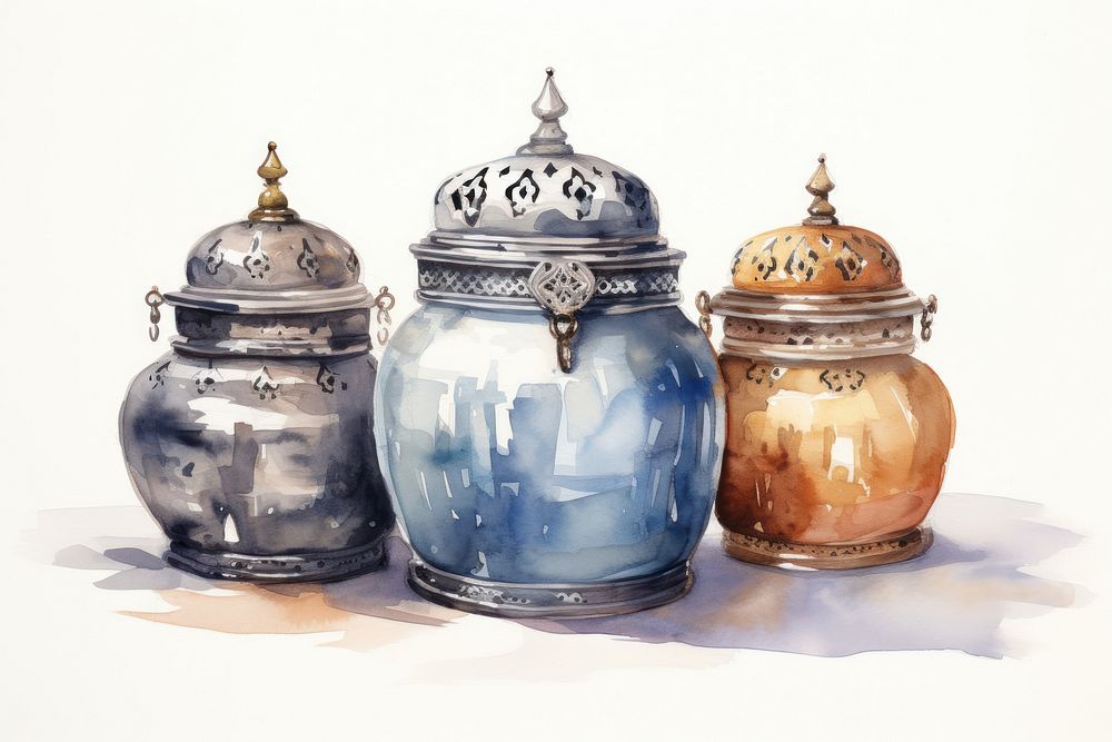 Arabian style metal jars lighting art white background. 