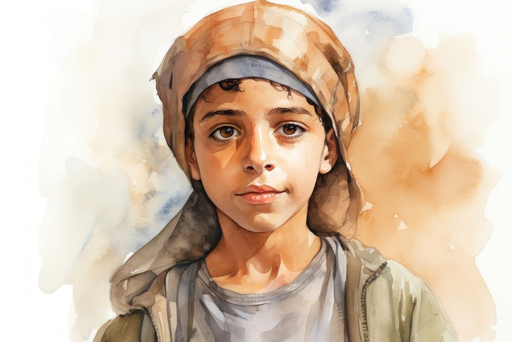 Arabic mutiracial boy portrait painting drawing. AI generated Image by rawpixel.