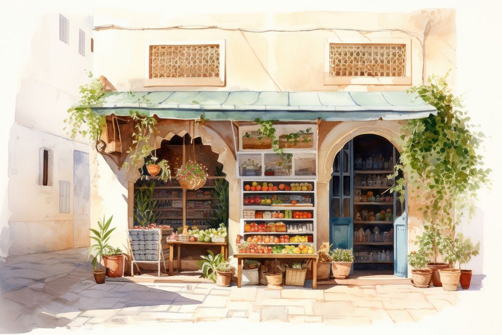 Arabic shop plant city architecture. AI generated Image by rawpixel.