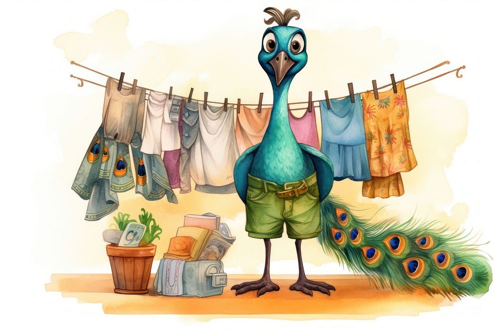 Peacock selling clothing cartoon bird representation. AI generated Image by rawpixel.