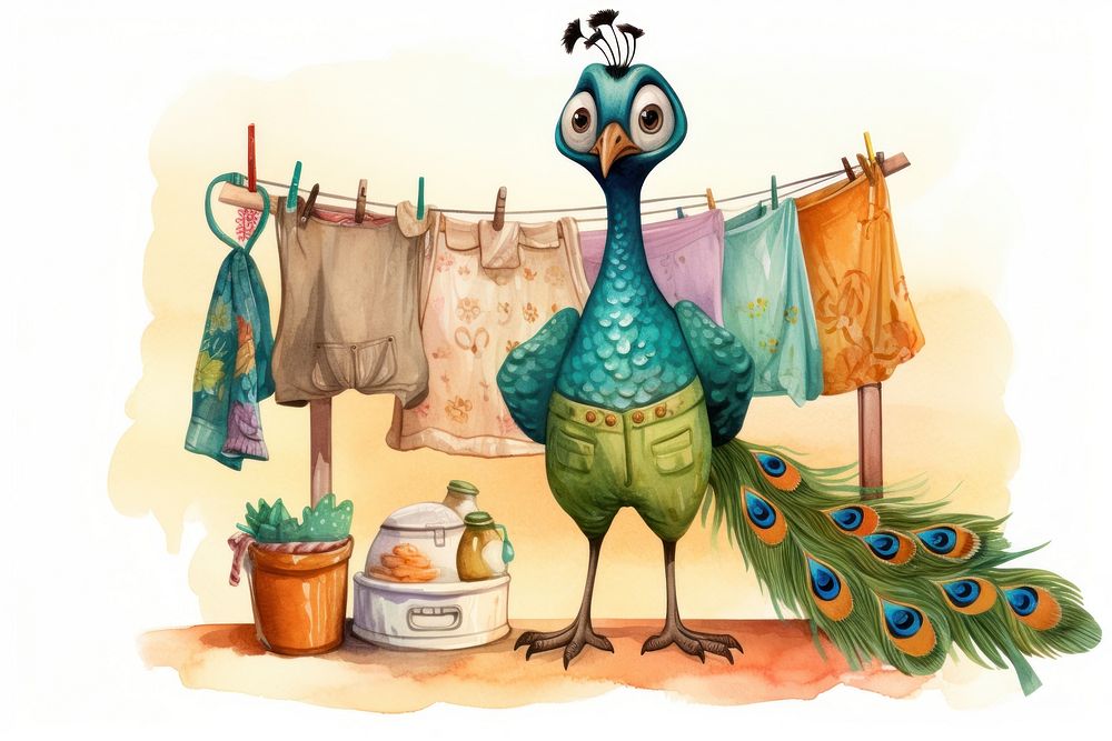 Peacock selling clothing art cartoon bird. AI generated Image by rawpixel.