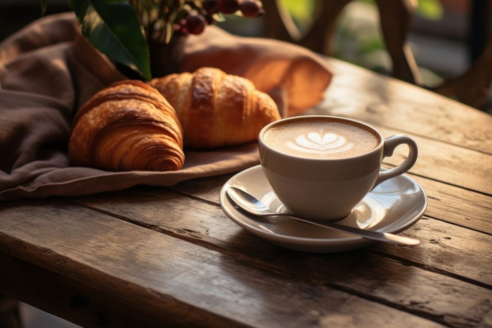 Coffee cup drink bread. 