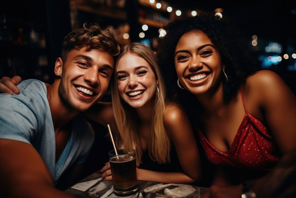 4 diverse friends taking a selfie laughing smile adult. 