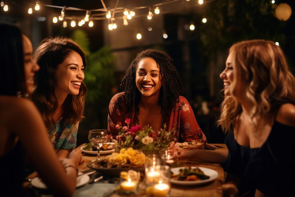 Diverse women celebrating birthday party laughing dinner. 