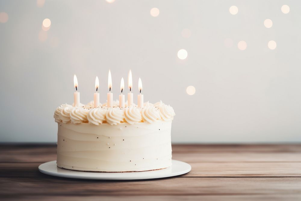 Minimal cream birthday cake dessert candle table. 