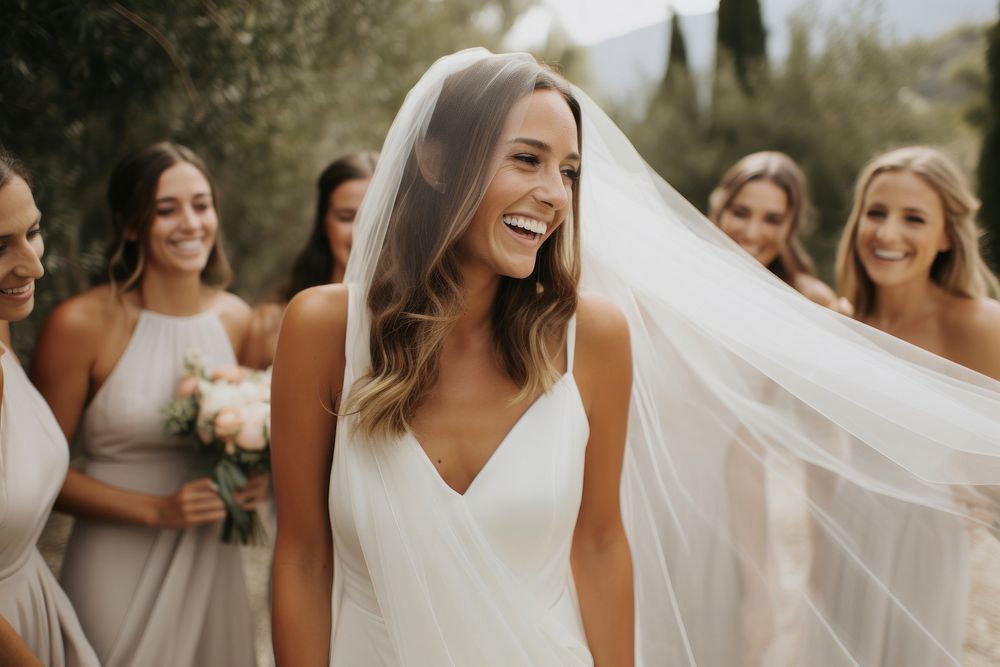 Wedding dress bridesmaid laughing standing. AI generated Image by rawpixel.