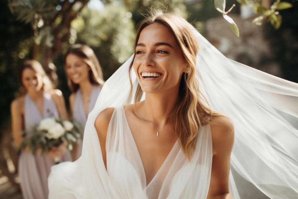 Wedding dress bride bridesmaid laughing. AI generated Image by rawpixel.