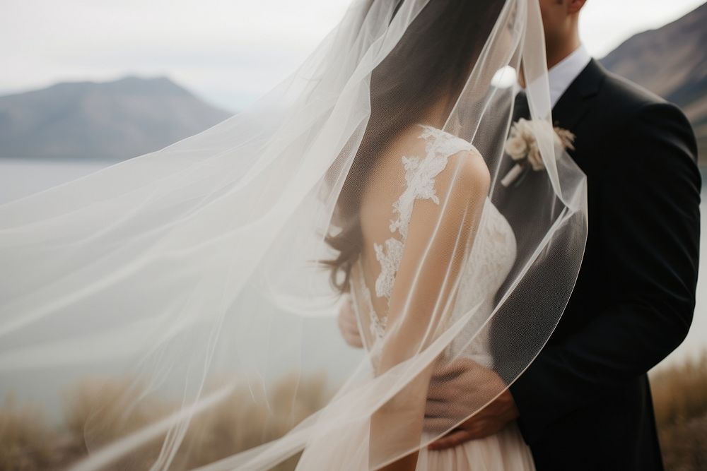 Wedding dress veil mountain fashion. AI generated Image by rawpixel.
